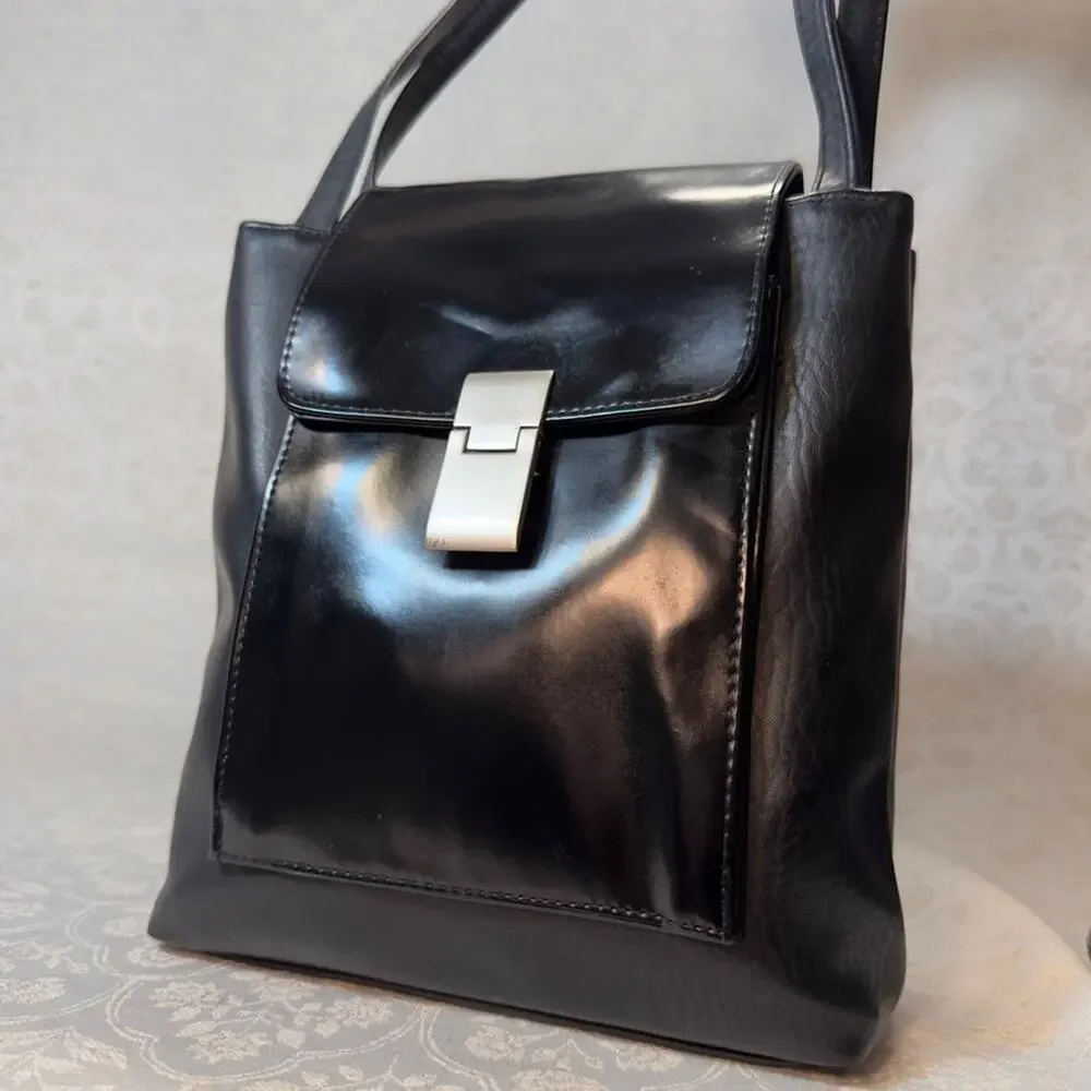 Faux Leather Sleek Black Shoulder Bag Silver Hardware